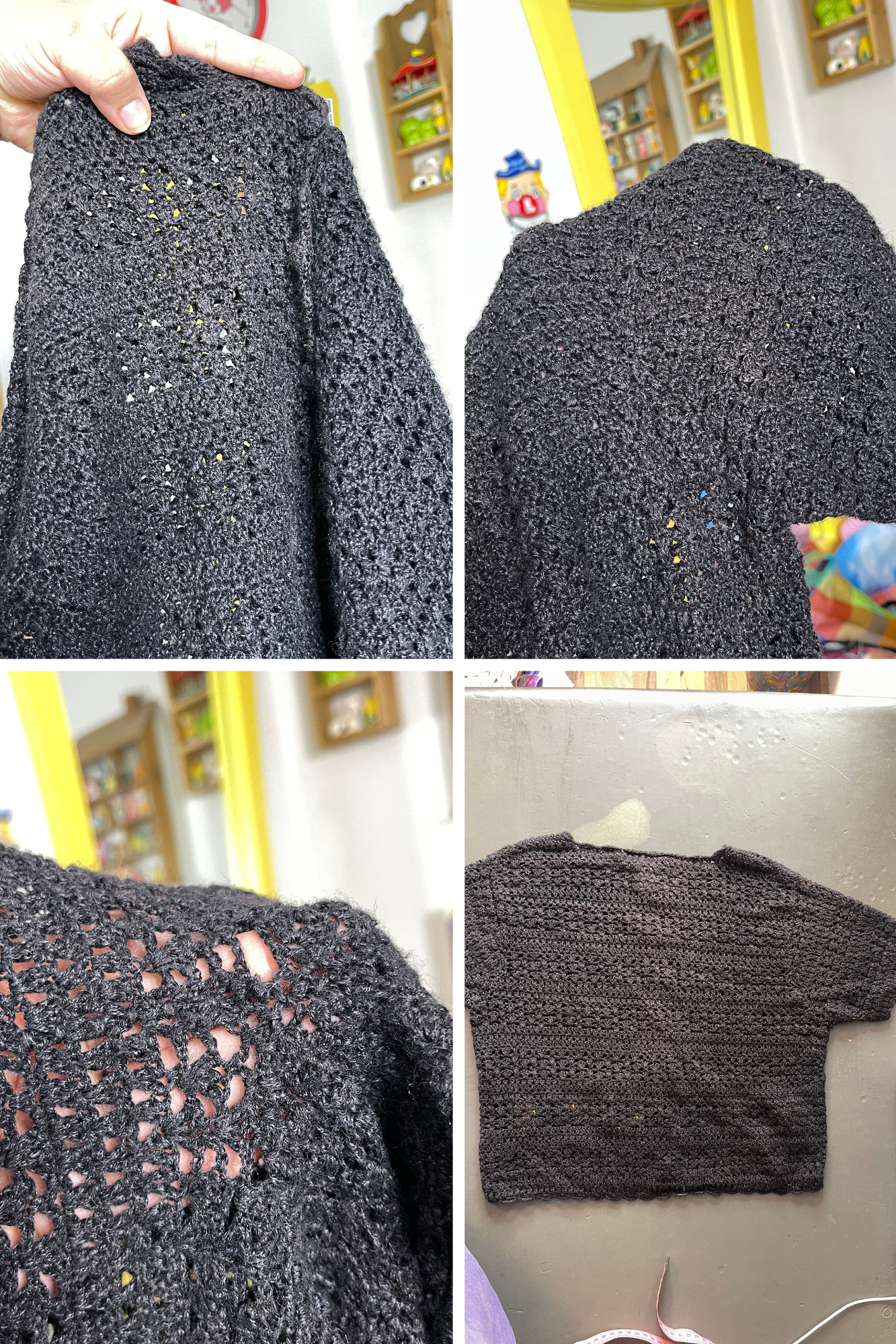 Vintage Black Crochet Flower Embroidered Knit Short Sleeve Cardigan Sz M