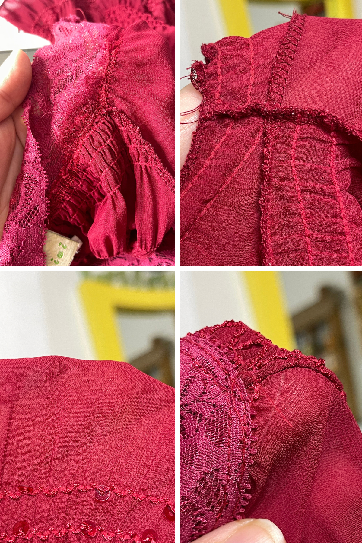 2000s Sheer Berry Red Sequin Scrunched Top Sz S
