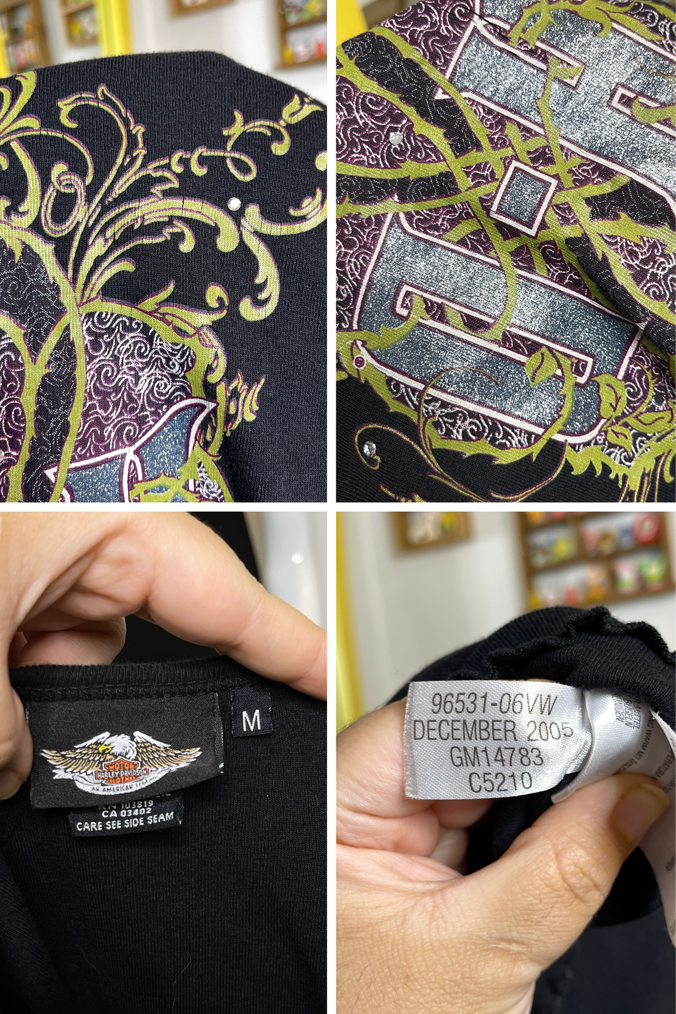 2000s Black Glitter Graphic Harley Davidson Top Sz M