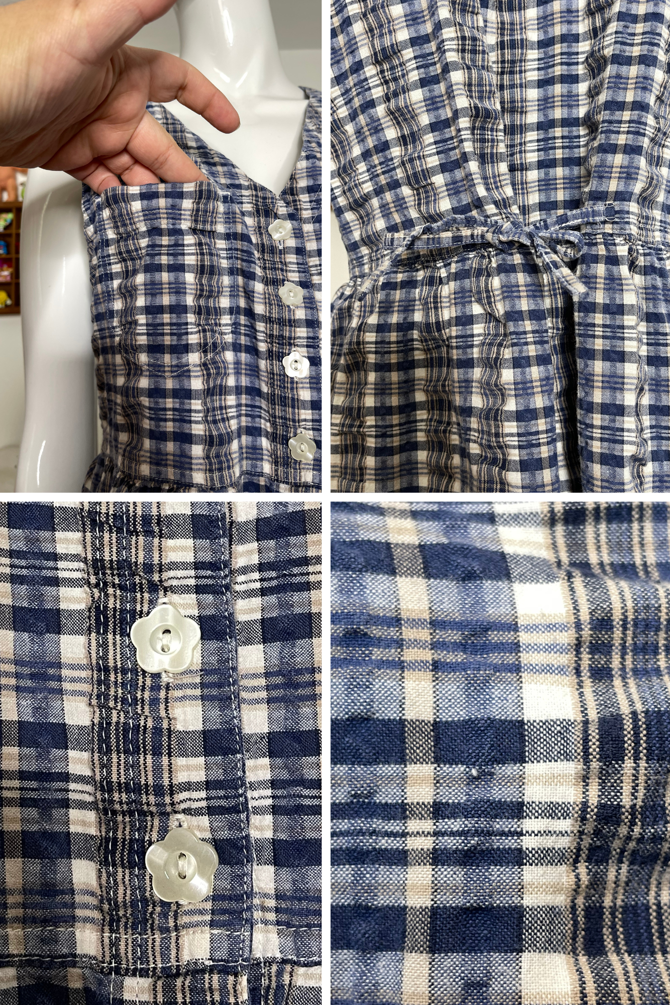 Vintage Blue & Beige Flowy Oversized Plaid Maxi Dress Sz M