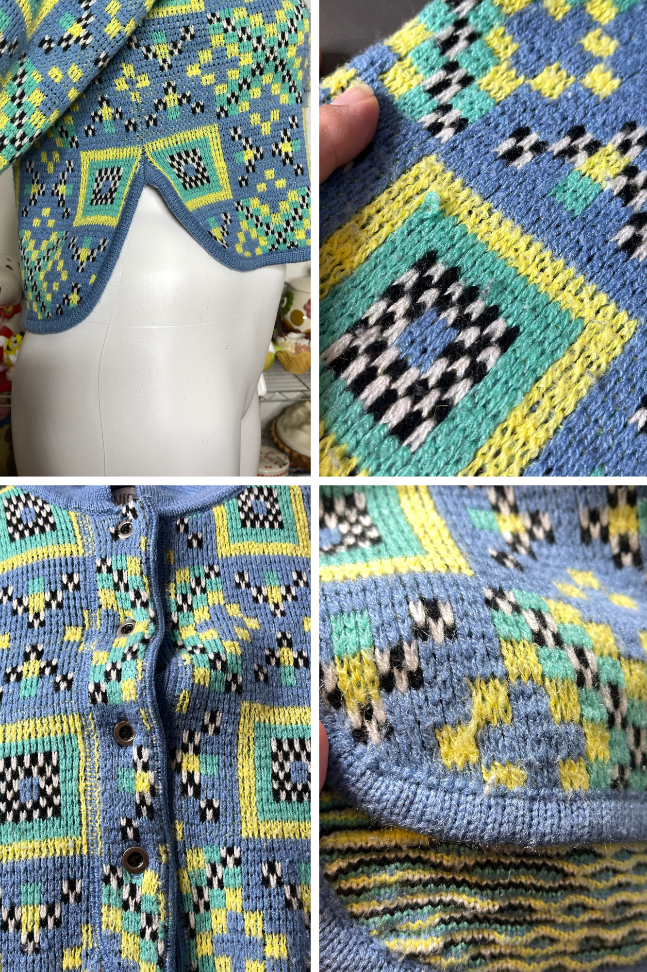 Vintage 90s Colorful Checkered Knit Semi Cropped Sweater Sz L