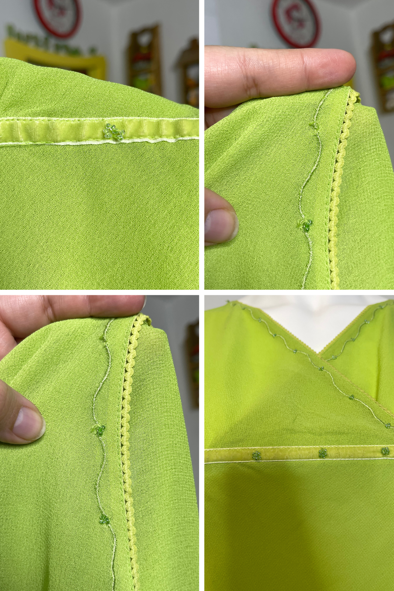 2000s Beaded Sheer Green V-Neck Style Top Sz L/XL