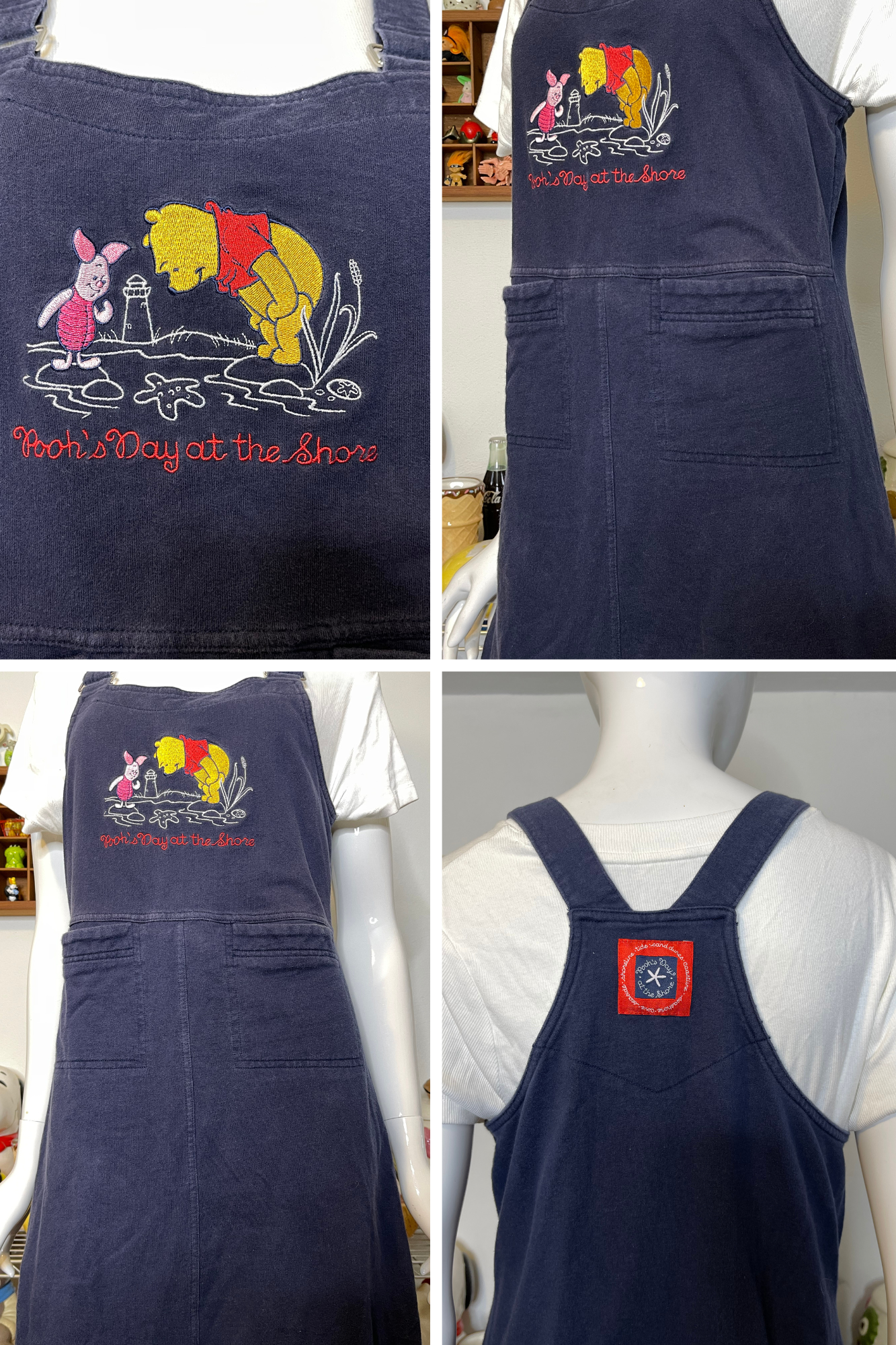 Vintage 90s Pooh & Piglet Embroidered Oversized Overall Dress Sz S