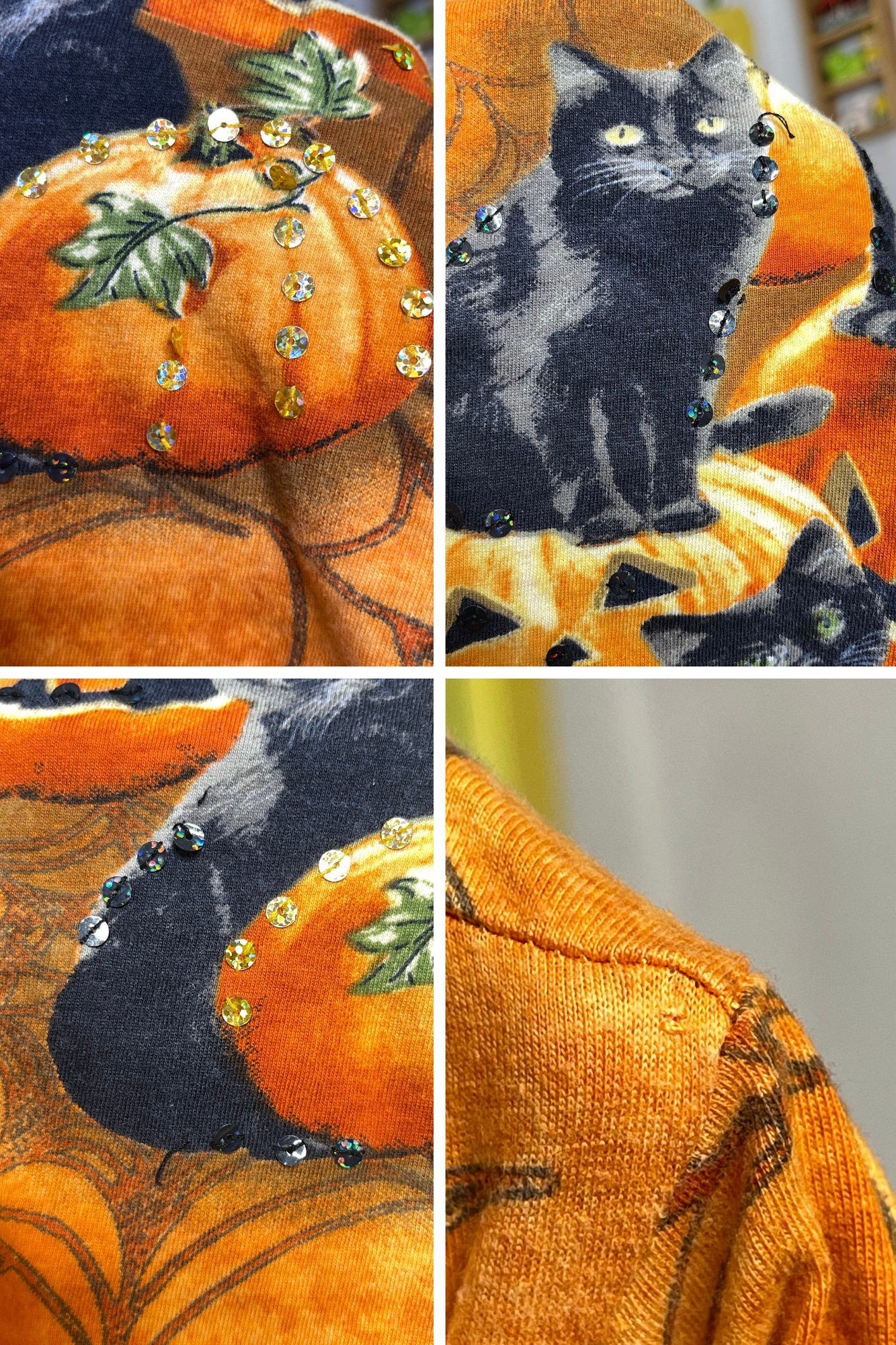 Halloween Black Cat Pumpkin Sequin 3/4 Sleeve Top Sz XL