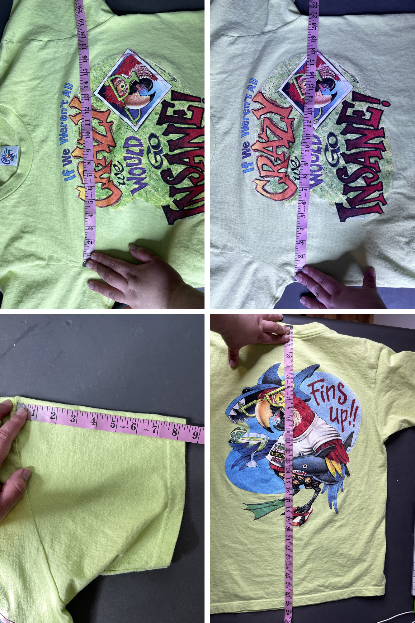 Vintage 90s Crazy Fins Up Parrot Green Graphic Tee Sz L