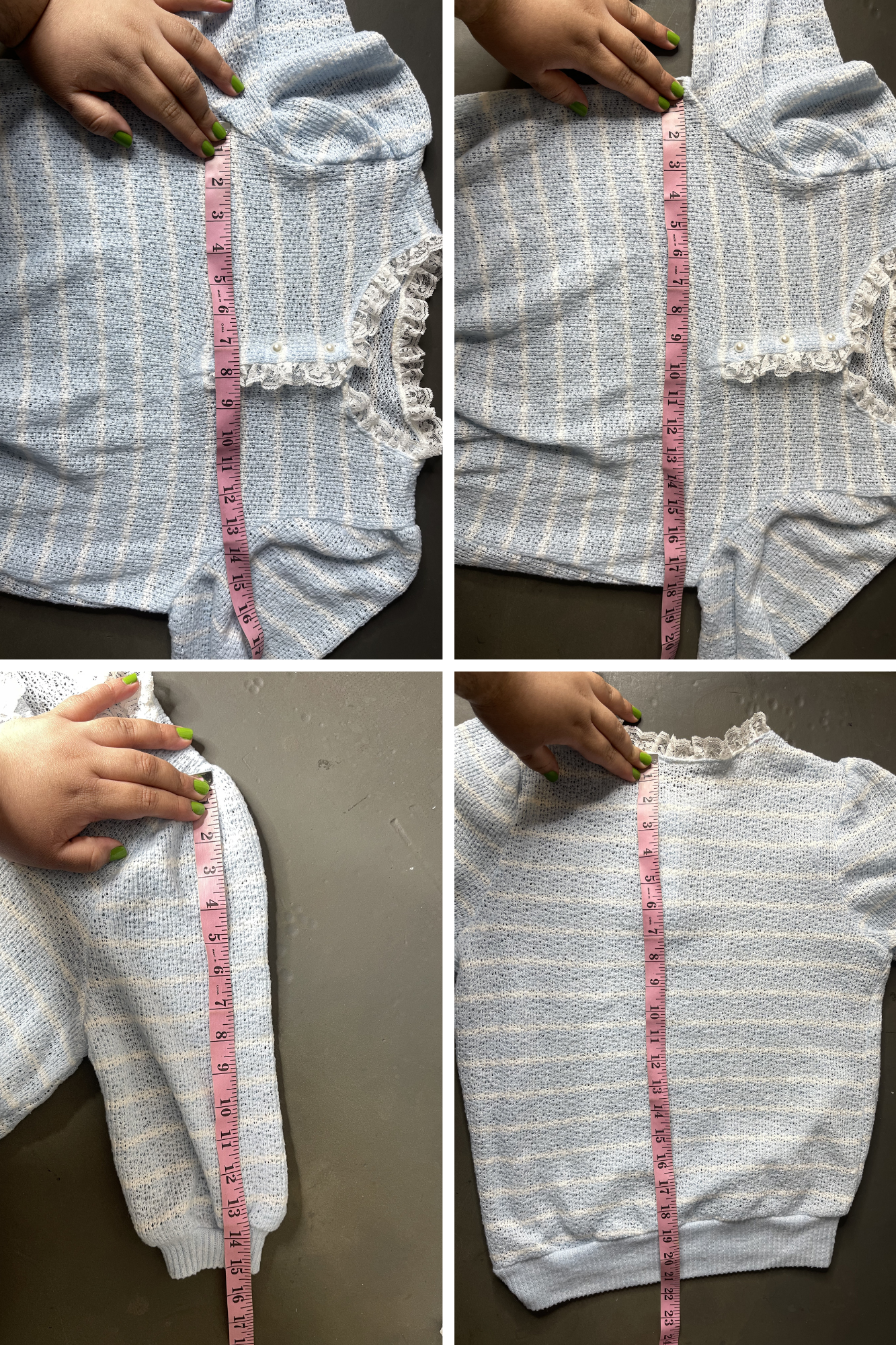 Vintage Baby Blue Striped Lace Trim Top Sz S