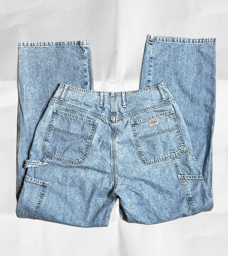Vintage Guess Cargo Carpenter Style Distressed Denim Jeans Sz 30in